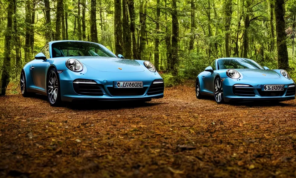 Prompt: photo of a porsche 911 in a forest