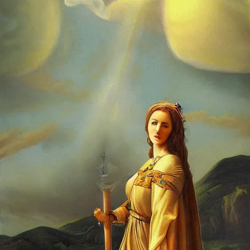 Prompt: virtuous Celtic lady standing under the logos scorn firmament realistic painting, classical painting