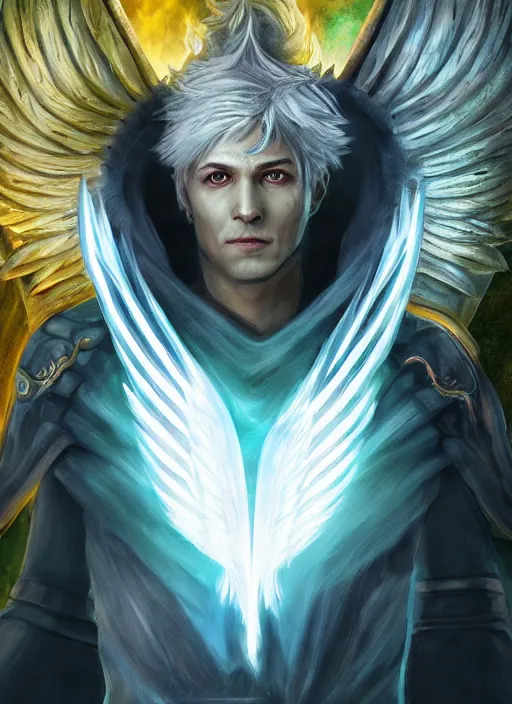 Image similar to An epic fantastic realism comic book style portrait painting of a male hexblade warlock aasimar with angel wings, green energy emanating from body, silver hair, Apex Legends Concept Art, unreal 5, DAZ, hyperrealistic, octane render, cosplay, RPG portrait, dynamic lighting