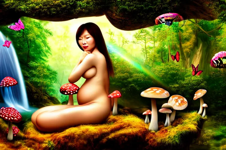 Prompt: a realistic portrait of a beautiful asian mushroom goddess mother in childbirth, inside a waterfall, in an enchanted psychedelic mushroom forest, butterflies, sunbeams at sunset, wlop