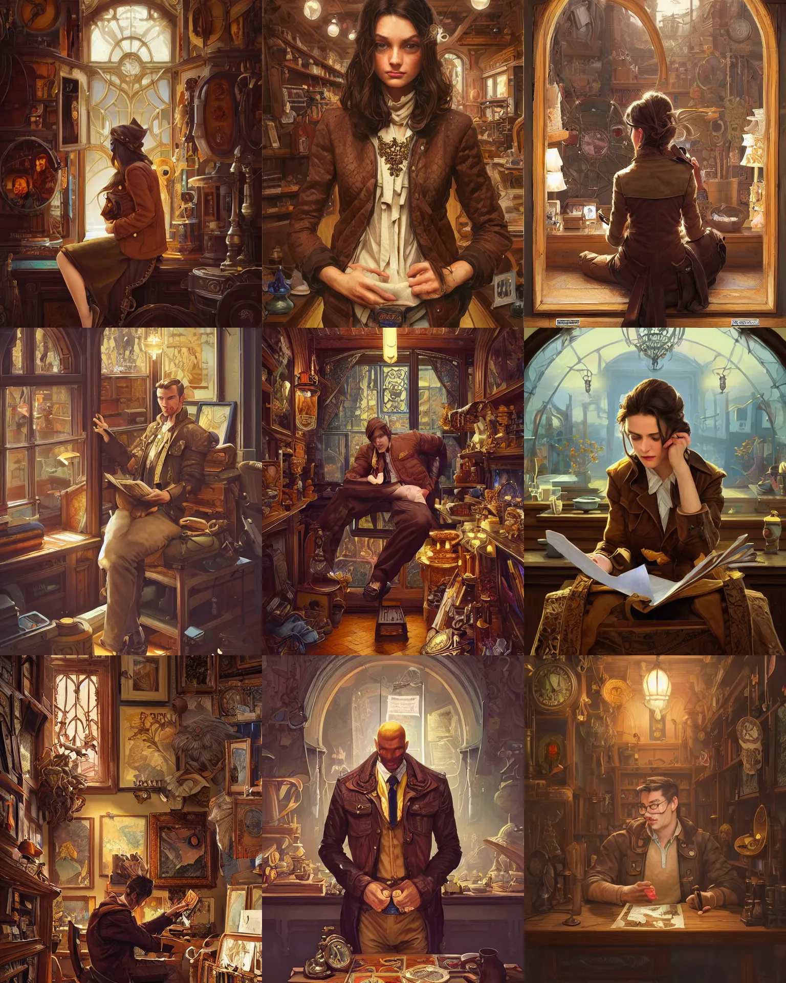 Prompt: brown jacket sitting in the old antique shop, deep focus, turnaround, fantasy, intricate, elegant, highly detailed, digital painting, artstation, concept art, matte, sharp focus, illustration, hearthstone, art by rhads and artgerm and greg rutkowski and alphonse mucha.