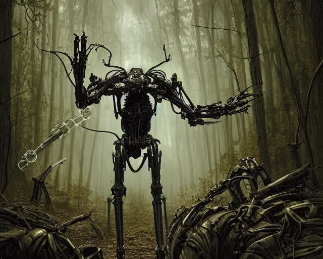 Prompt: photo of general grievous with heavy duty biomechanical hydraulic cybernetic body and 4 arms holding lightsabers in the forest. cyberpunk horror style. highly detailed 8 k. intricate. nikon d 8 5 0 5 5 mm. award winning photography. art by hr giger and zdzislaw beksinski in the style of hzd