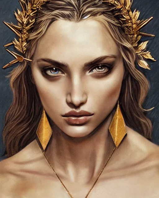 Image similar to tattoo sketch of beautiful super model aphrodite greek goddess wearing a gold laurel wreath and triangle earrings, beautiful piercing gaze with sharp pupils, beautiful blonde hair, in the style of greg rutkowski, fantasy, amazing detail, epic, elegant, smooth, sharp focus, front view