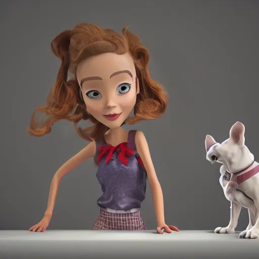 Prompt: still of woman working on her dog's clothing line, in the style of disney, comic book style, the dog is doing a ballet dance, highly detailed, 8k resolution, octane renderer