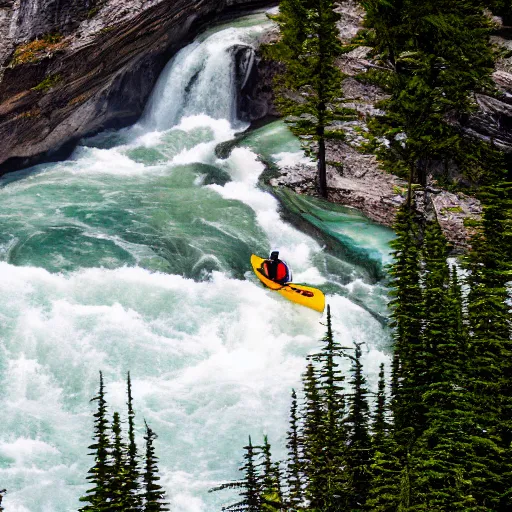 Prompt: a kayak descends Takakkaw Falls waterfall in Yoho National Park, tourism photo done in the style of National Geographic with zoom