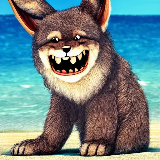 Image similar to a photorealistic adorable fierce furry monster with long fur long floppy rabbit ears chubby body and wolf body and wolf legs with thick stubby claws, Smiling at the camera with a mischievous grin, happy lighting, at a tropical beach