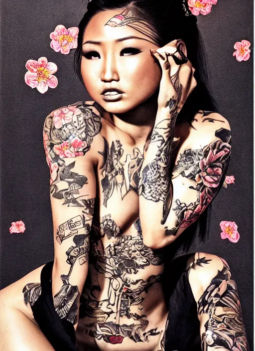 Prompt: portrait of Brenda Song as a young yakuza tattooed, defiant look attitude, cinematic lighting shadowing the push-up, ultra-detailed, sharp focus, highly detailed, sharp focus, golden background with flowers, photorealism, style of Hajime Sorayama, art by Hirothropologie , artgerm and Patrick DeMarchelier