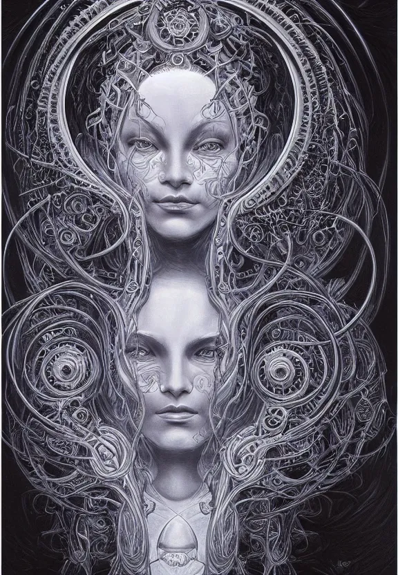 Image similar to perfectly centered portrait front view of a beautiful biomechanical moon goddess, flowing hair, intense stare, sweet smile, symmetrical, concept art, intricate detail, volumetric shadows and lighting, realistic oil painting by alex grey and gustave dore,