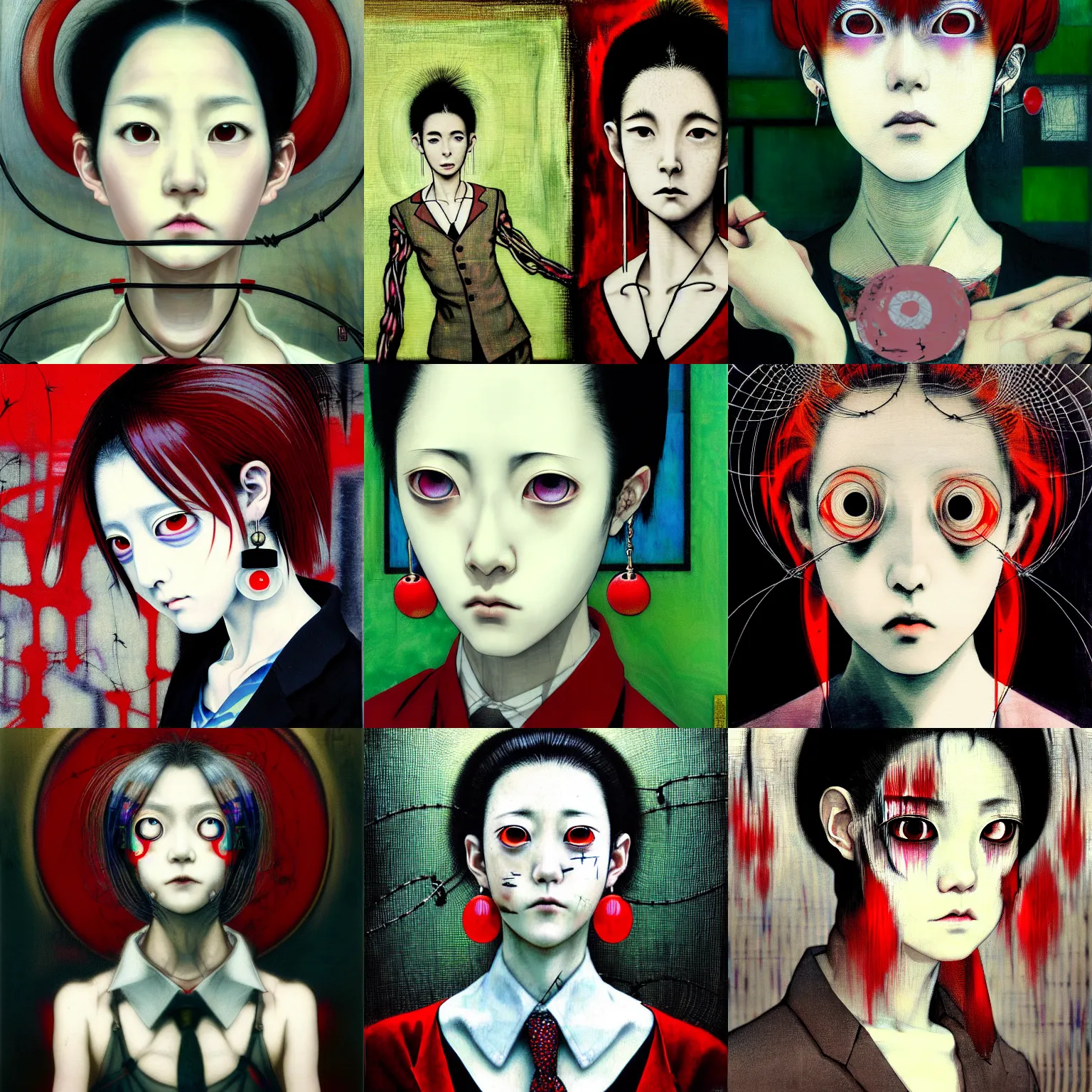 Prompt: yoshitaka amano blurred and dreamy realistic three quarter angle portrait of a sinister young woman with short hair, big earrings, barbed wire and red eyes wearing office suit with tie, junji ito abstract patterns in the background, satoshi kon anime, noisy film grain effect, highly detailed, renaissance oil painting, weird portrait angle, blurred lost edges