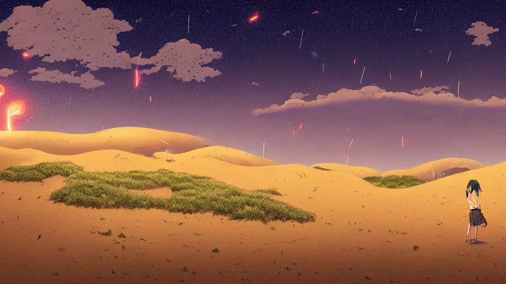 Prompt: highly detailed illustration of giant sand dunes with fireflies and rain at night and lots of high exposure cummulonimbus clouds by makoto shinkai, by moebius, by oliver vernon, by joseph moncada, by damon soule, by manabu ikeda, by kyle hotz, by dan mumford, by otomo, 4 k resolution