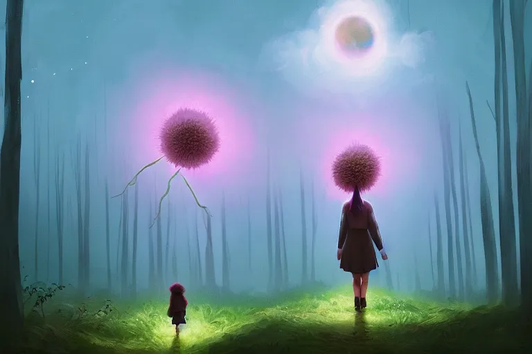 Image similar to giant daisy flower above head, girl walking in forest, surreal photography, dark night, stars, moon light, impressionist painting, clouds, digital painting, artstation, simon stalenhag