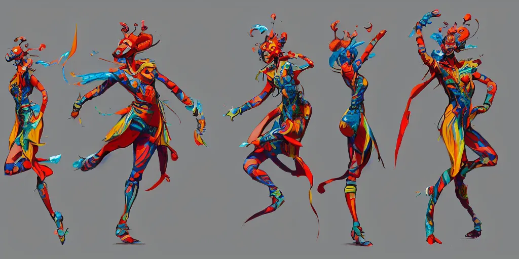 Image similar to cartoonish character dancing, vivid colors, character sheet, fine details, concept design, contrast, kim jung gi, greg rutkowski, trending on artstation, 8 k, full body, turnaround, front view, back view, ultra wide angle