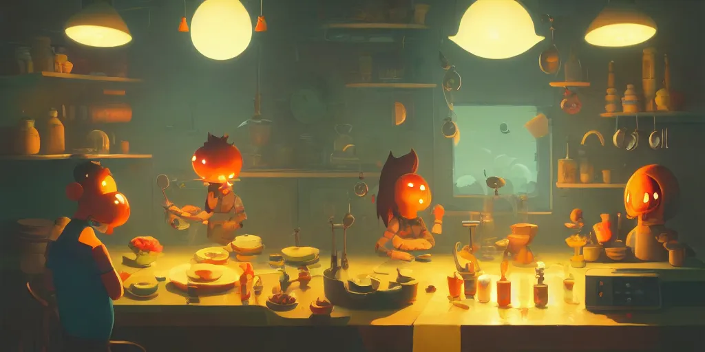 Prompt: cute kitchen dim lit by a candle ripped physique simon stalenhag gerald brom bastien grivet by greg rutkowski and peter chan portrait game background fisheye lens day of the tentacle