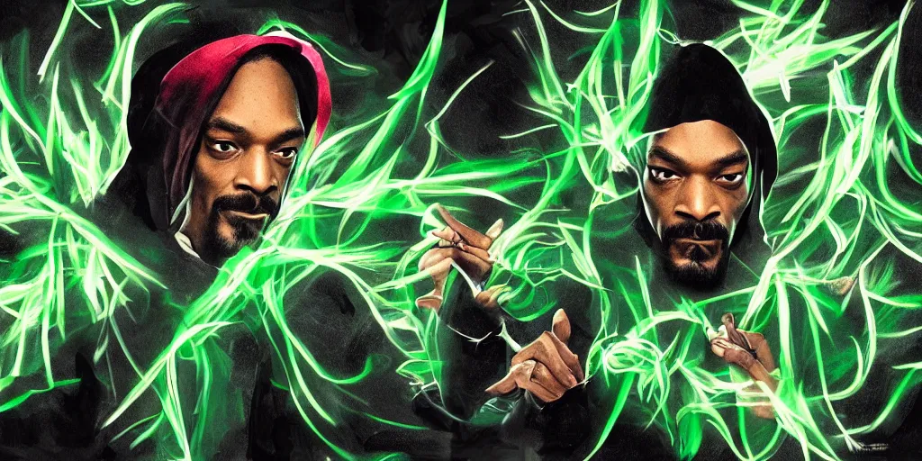 Image similar to snoop dogg doctor strange, smoke weed, marijuana, marijuana leaves, green light, highly detailed, environmental light, cinematic by francis tneh