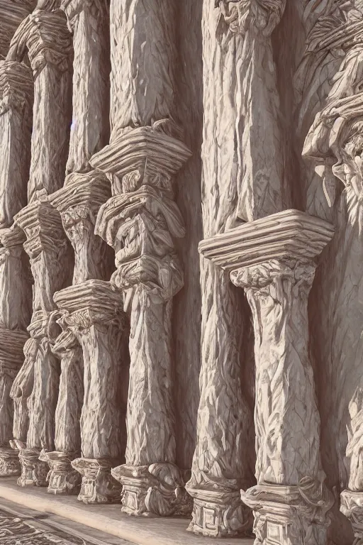 Prompt: Baroque columns in the middle of a desert with intricate carvings, highly detailed octane render, artstation