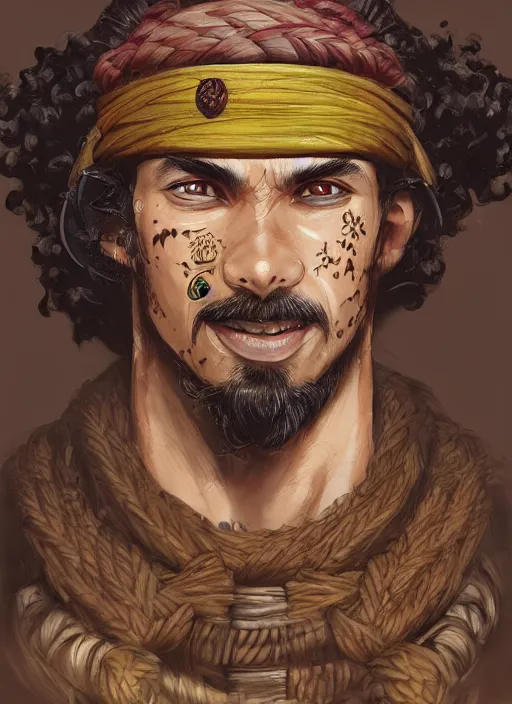 Prompt: a portrait of Usopp the God as a real man, wearing a traditional samurai dress, curly hairs, handsome face, chad, jungle background, intricate, highly detailed, digital painting, artstation, concept art, smooth, sharp focus, illustration, art by Gustave Baumann, matte painting