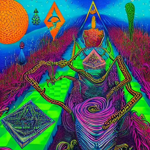 Image similar to Psychedelic Inter-dimensional freemasonic checkered trippy dreamscape in the style of an album cover by Howard Finster, Michael Cheval (unreal engine, 3d highly detailed, 8k, UHD, fantasy, dream, otherworldly, bizzare, spirals, colourful, vivid)