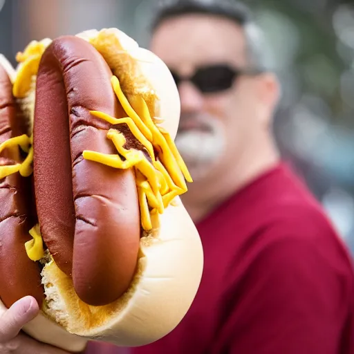 Image similar to tom hanks emerging from a giant hot dog, food photography, 8 5 mm f 1. 8