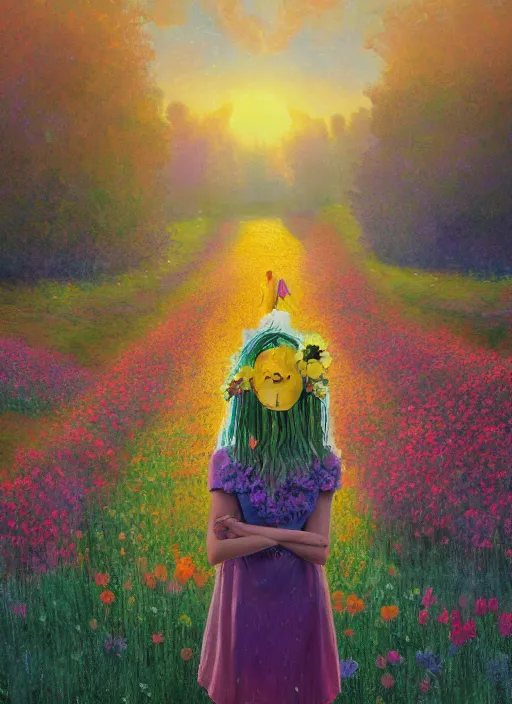 Image similar to girl with giant flower as a face and flower dress, standing in a flower field hills, big trees, sunrise dramatic light, impressionist painting, colorful clouds, digital painting, pointillism, artstation, simon stalenhag