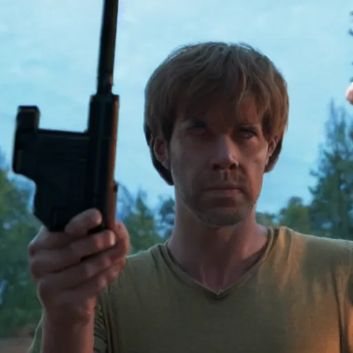 Image similar to scooby doo holding a gun, film still from the movie directed by denis villeneuve with art direction by bill ward, wide lens