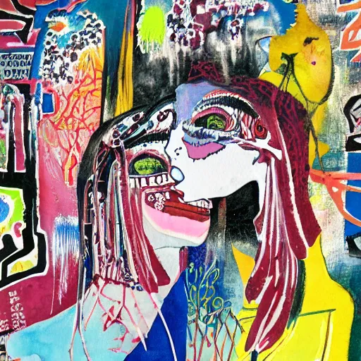 Image similar to watercolor painting of a closeup of two bizarre psychedelic scary women kissing in japan in winter, speculative evolution, mixed media collage by basquiat and jackson pollock, maximalist magazine collage art, sapphic art, psychedelic illustration