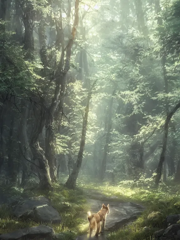 Image similar to a wolf walking through a forest. soft lighting. 8 k, octane render. by makoto shinkai, stanley artgerm lau, wlop, rossdraws, james jean, andrei riabovitchev, marc simonetti, krenz cushart, sakimichan, d & d trending on artstation, digital art.