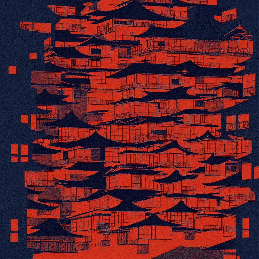 Image similar to old kyoto, mads berg, karolis strautniekas, film noir, stippled light, dramatic lighting, editorial illustration, detailed, fine texture, matte print, art deco, brutalism, dark blue + dark orange, red, black, ( ( habitat 6 7 background ) )