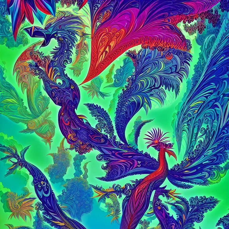 Prompt: mythical bird over infinite fractal volcanoes bright neon colors highly detailed cinematic eyvind earle tim white philippe druillet roger dean lisa frank aubrey beardsley hiroo isono