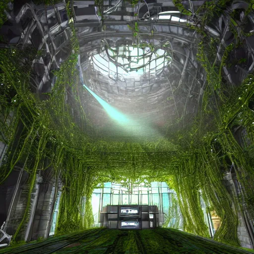Prompt: GLaDOS in the center of a huge hall overgrown with vines and plants of the complex, old computers, a suspension of dust in the air, rays of light through the ceiling, realism, art,