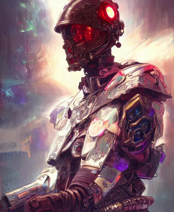 Prompt: portrait of a cyberpunk warrior, with helmet, half body, glowing eyes, d & d, fantasy, intricate, elegant, highly detailed, colorful, vivid color, digital painting, artstation, concept art, art by artgerm and greg rutkowski and alphonse mucha and ruan jia