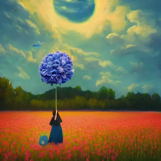 Image similar to girl with a giant carnation head, surreal photography, flower field, sunset dramatic light, impressionist painting, colorful clouds, blue sky, digital painting, artstation, simon stalenhag