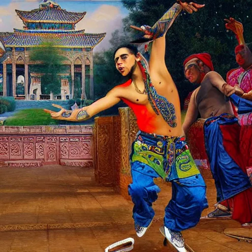 Image similar to orientalist painting of 6ix9ine skating outside of a majestic temple, 8k, very intricate, very detailed,