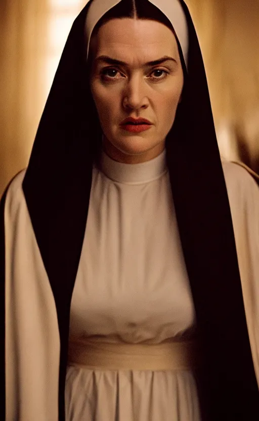 Image similar to kate winslet as a nun, intricate, cinematic lighting, highly detailed, canon 3 5 mm photography, horizontal symmetry, smooth, sharp focus