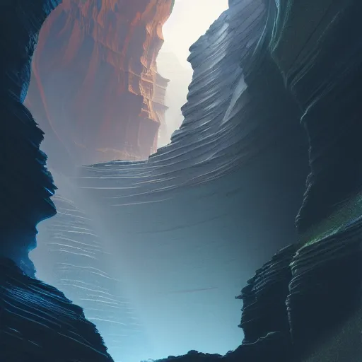 Prompt: light is mine to travel,beyond time ,the cathedrals in a canyon grotto of life the beginning , geological strata,ground mist, falling water,pools of water, by Sparth and Greg Rutkowski, hypermaximalist,micro details, 3d sculpture,,digital rendering,octane render , 4k, artstation, concept art , f22,deep depth of field,photographic, wide angle,cinematic lighting