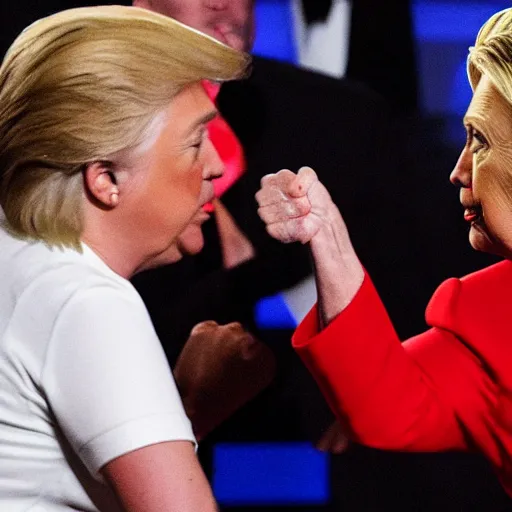 Image similar to donald trump fistfighting hillary clinton, cinematic