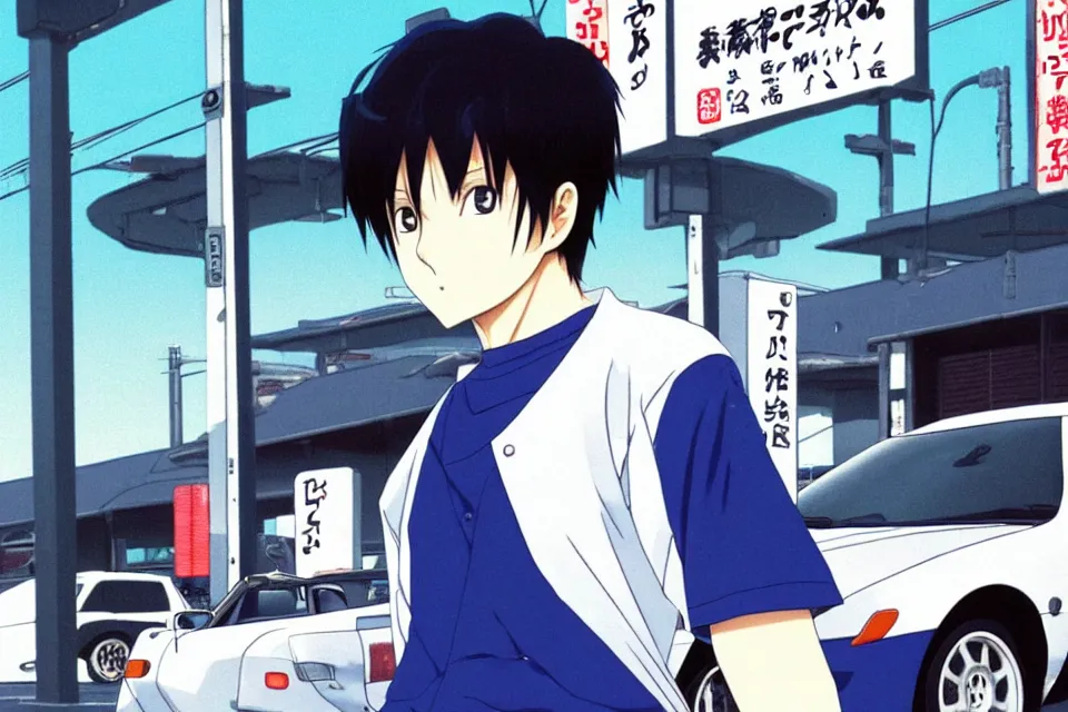KREA - very serious ryosuke takahashi with black hair wearing a dark blue  shirt and white pants stands alone leaning on his white mazda rx 7 on an  empty gas station, late