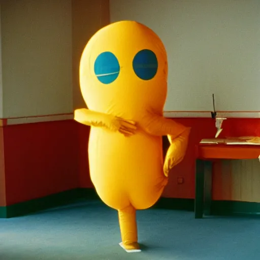 Image similar to still from a 1994 arthouse film about a depressed woman dressed as an inflatable smiley who meets a handsome younger man in a seedy motel room, color film, 16mm soft light, weird art on the wall