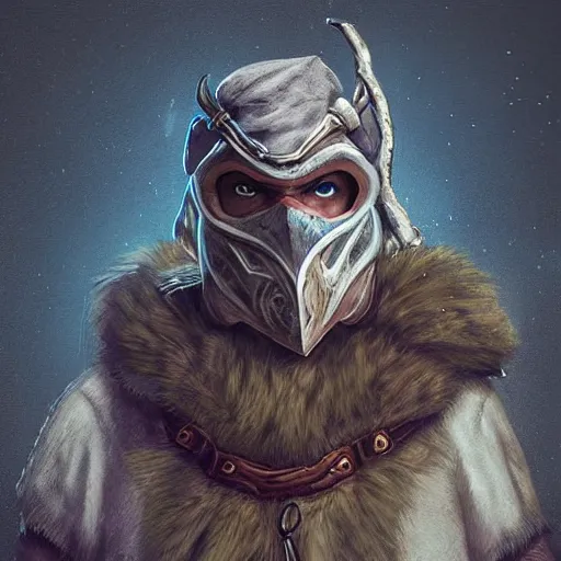 Image similar to “ fantasy snow bandit ‘ icewind dale ’ with mask, bow and quiver on back and left leg, digital portrait by justin sweet, soft focus, highly detailed, cinematic, epic, artstation ”