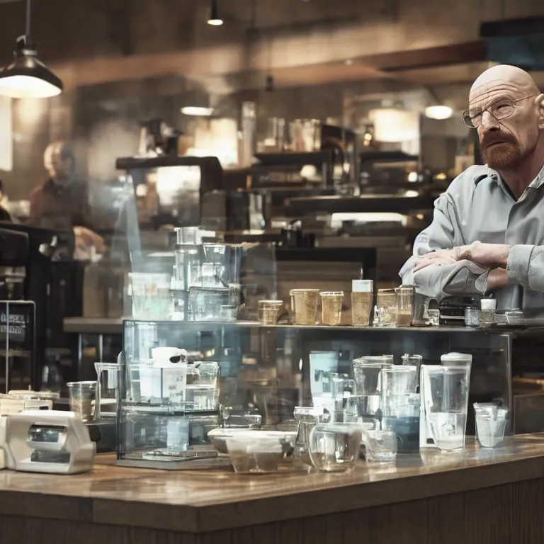 Image similar to Walter white in Starbucks, 8k, hyper-detailed, cinematic lighting, hyperrealistic, HD