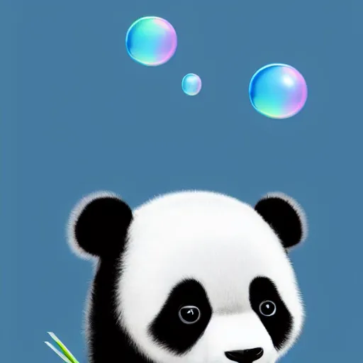 Prompt: Cute little panda looking at bubbles blue background digital art trending on artstation by greg rutkowsky