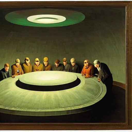 Prompt: scientists inspecting a giant mechanical eye in a dome - shaped control center, grant wood, pj crook, edward hopper, oil on canvas