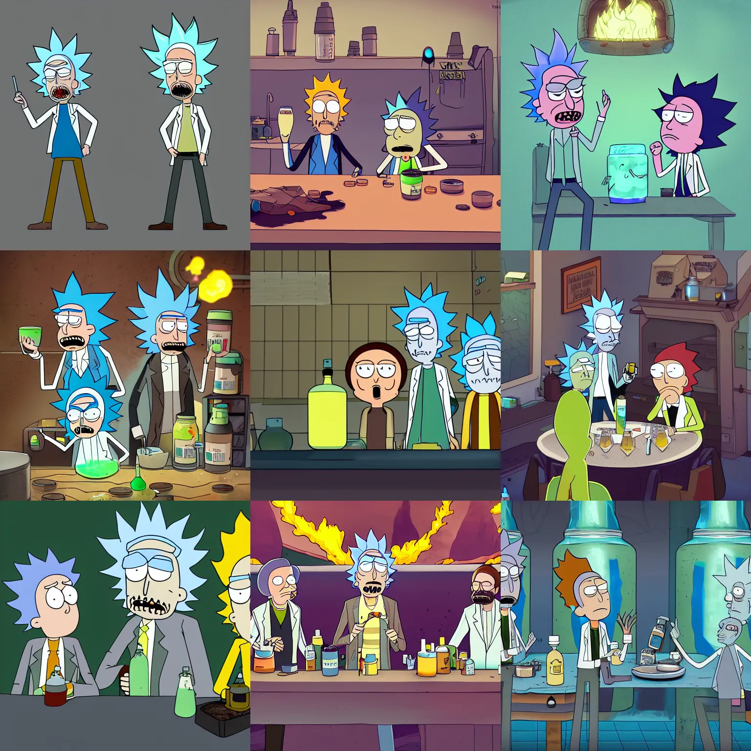 Prompt: rick sanchez and morty smith are brewing potions with walter white, rick and morty tv show, highly detailed, digital art, trending on artstation