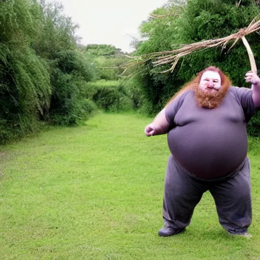 Prompt: a photo of a very hairy and happy very fat man with long hair holding a 5 0 m long yam