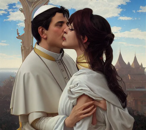 Image similar to photography of a pope kissing the breast of a sensual woman, deep focus, intricate, elegant, highly detailed, digital painting, artstation, concept art, matte, sharp focus, illustration, art by artgerm and greg rutkowski and alphonse mucha