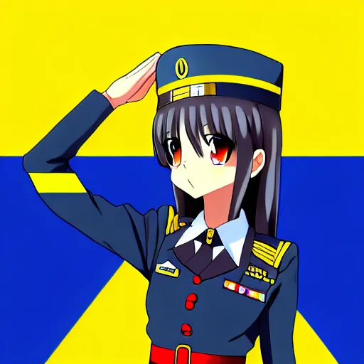 Prompt: anime girl general saluting near the flag of the ukraine, trending on pixiv, professional digital art