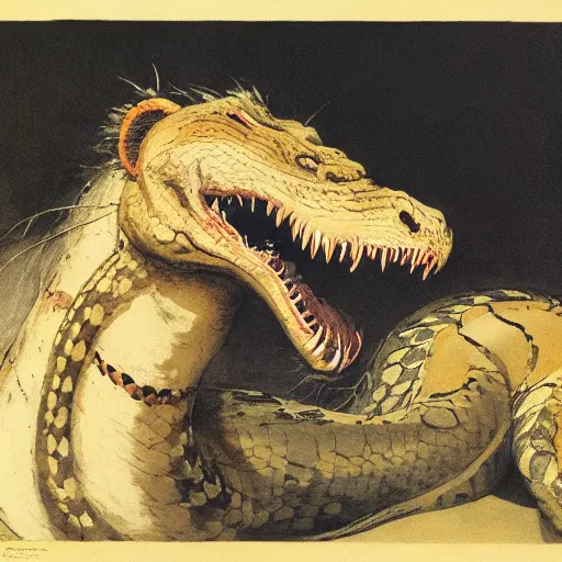 Image similar to neck neck eyes fangs serpent serpent python wearing a lion lion costume neck tall long snake viper j.m.w. turner greg rutkowski giorgio de chirico william merritt chase ralph steadman arsen savadov dan witz uta natsume aquatint