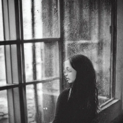 Image similar to black and white fashion photograph highly detailed portrait of a depressed beautiful 30 years old model woman standing by the window, natural light, rain, mist, lomo, fashion photography, film grain, soft vignette, sigma 85mm f/1.4 1/10 sec shutter