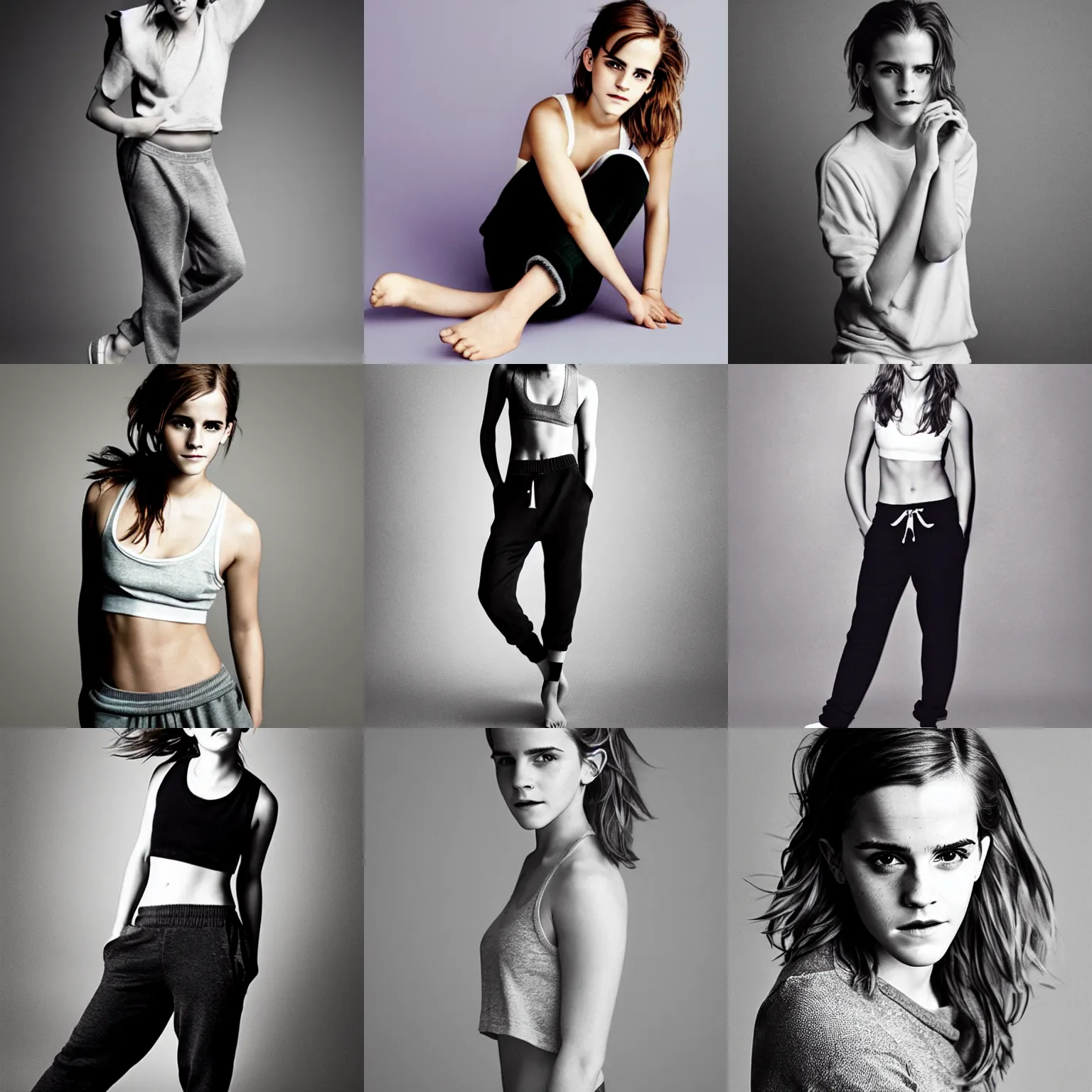 Prompt: Photo of Emma Watson wearing sweatpants, soft studio lighting, photo taken by Martin Schoeller for Abercrombie and Fitch, award-winning photograph, 24mm f/1.4