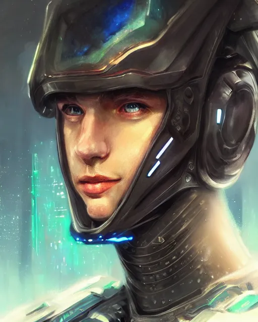 Image similar to portrait of handsome guy in cyber armor, dreamy and ethereal, expressive pose, bule eyes, exciting expression, fantasy, intricate, elegant, many lightning, cold color, highly detailed, digital painting, artstation, concept art, cyberpunk wearing, smooth, sharp focus, led, illustration.