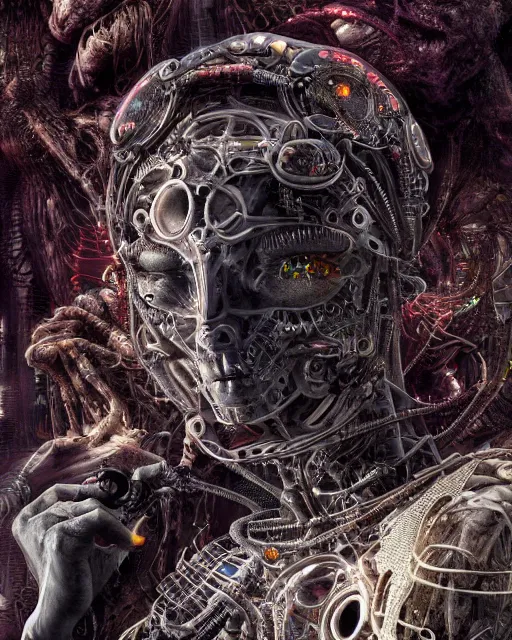 Image similar to timeless cybernetic deity with circuitry skin and networked mind tripping on acid, intricate detail, royo, whealan, giger, klimt, hd, octane render, unreal engine,